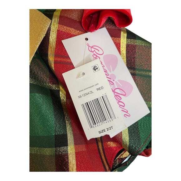 Bonnie Jean Red Green Gold Velvet Plaid Holiday Christmas 2T Dress NWT - Picture 4 of 6